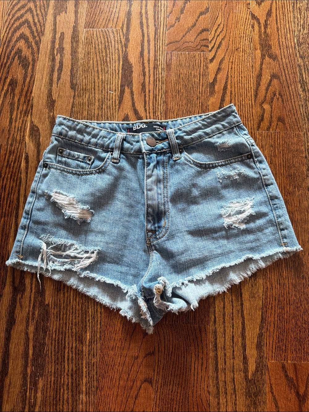BDG Light Wash Distressed High-Rise Denim Shorts